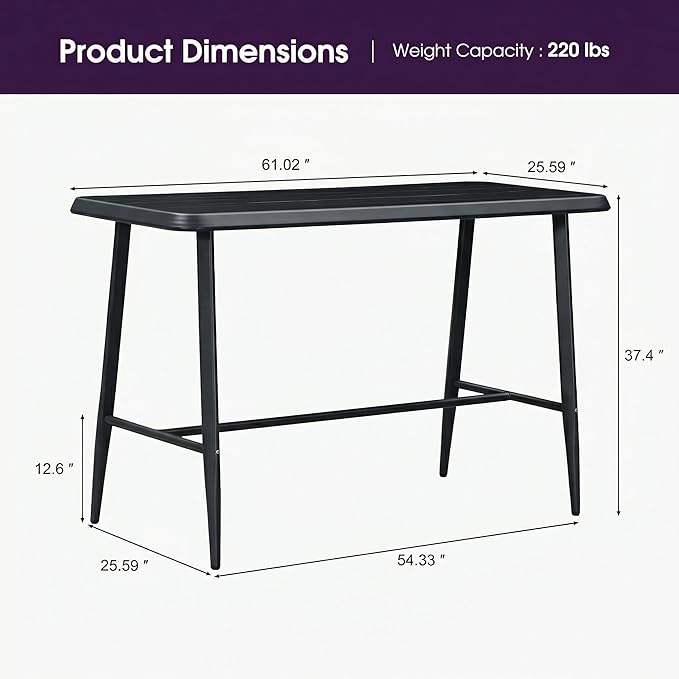 PURPLE LEAF Outdoor Counter Height Bar Table Rectangular Patio Pub Table with Waterproof Tabletop for Balcony Dark Grey