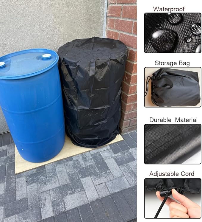 55 Gallon Drum Cover 25x37in Waterproof Storage Barrel Universal Rain Barrels Cover UV Full Protection for Patio Lawn Garden Rain Barrels Accessories (Beige)