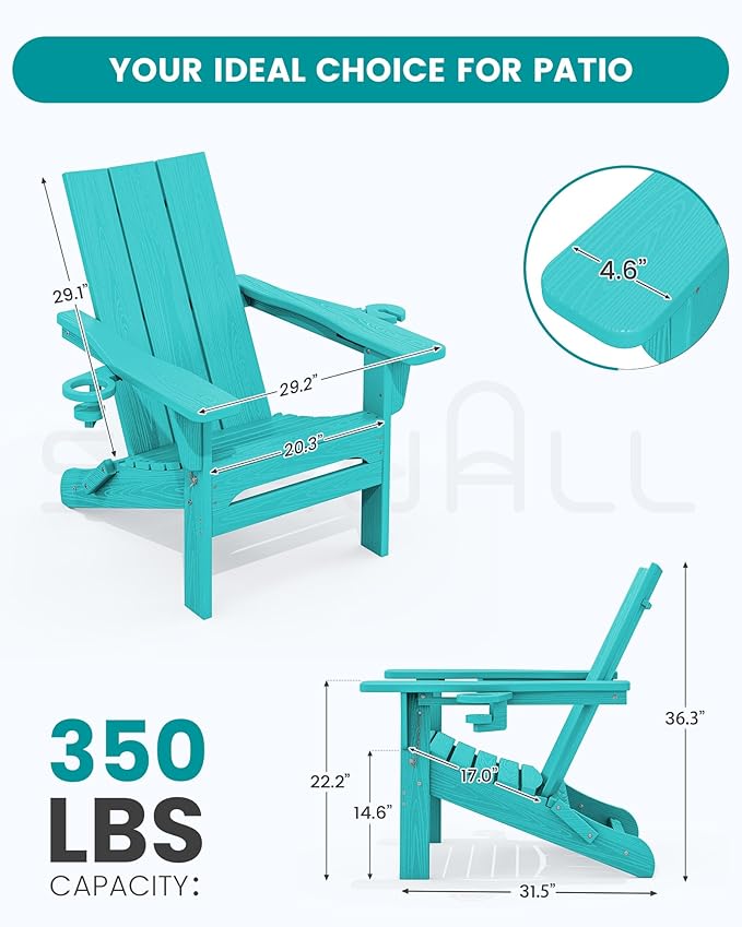 SERWALL Modern Adirondack Chair Set of 6, Folding Adirondack Chair with Cup Holders, Outdoor HDPE Adirondack Chair, Teal