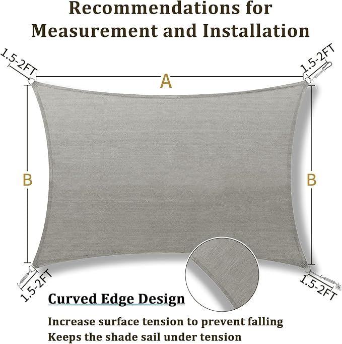 Shade&Beyond 12'x12' Sun Shade Sails Curved Canopy Square Light Grey 185GSM Shade Sail Permeable for Patio Deck Yard Backyard, (We Make Custom Size)