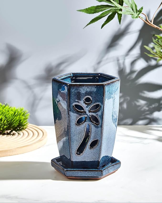 vensovo 4 Inch Ceramic Orchid Pot with Holes and Saucer, 1 Pc Small Hexagon Succulent Planter for Repotting, Garden Flowerpot for Indoor Outdoor Plants, Promotes Air Circulation (Blue)