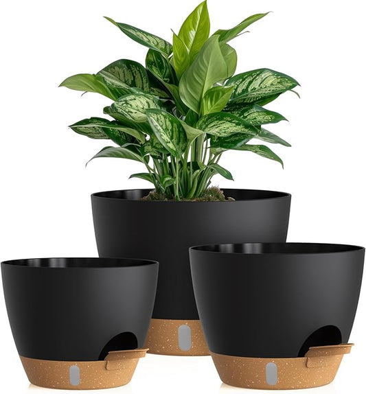 Self Watering Pots with Drainage Holes, 3 Pack 12/10/8 Inch Plant Pots with Water Level Indicator Deep Reservoir, Large Plastic Planter for Indoor Outdoor Plants - Black Brown