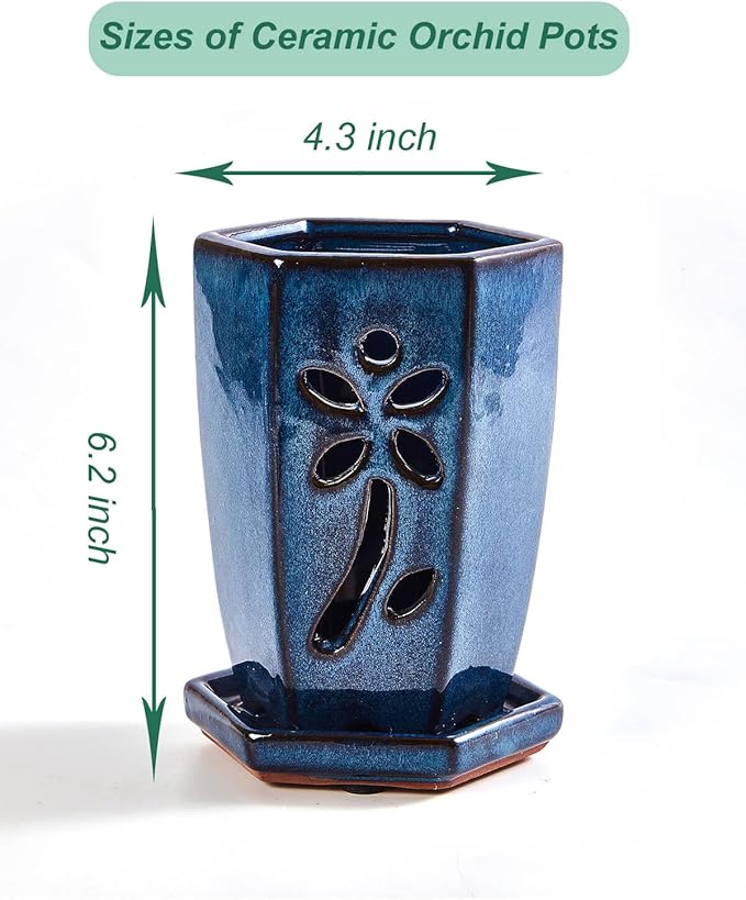 vensovo 4 Inch Ceramic Orchid Pot with Holes and Saucer, 1 Pc Small Hexagon Succulent Planter for Repotting, Garden Flowerpot for Indoor Outdoor Plants, Promotes Air Circulation (Blue)