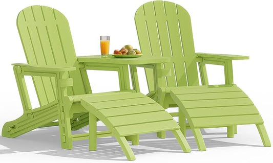 Vongrasig Adirondack Chairs Set of 2 with Removable Tabletop and Footrest, HDPE Plastic Outdoor Chair Set with Wooden Textured, Cup Holder for Patio, Poolside, Garden, Green, 5 Pieces