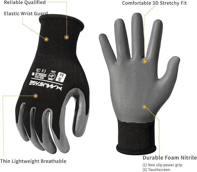 MANUSAGE Safety Work Gloves, Nitrile Work Gloves For Men and Women, Work Gloves With Touchscreen Fingers, Work Gloves men, Men's work gloves with grip,mechanics gloves (Size L, Black, 3-pairs)