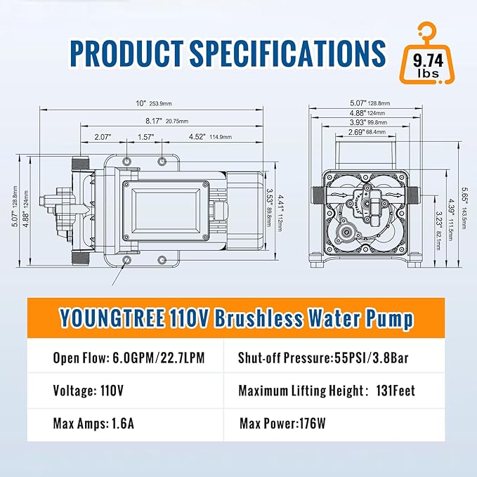 YOUNGTREE Brushless 110V Water Pressure Transfer Pump Continuous Duty 6.0GPM 55PSI On Demand Fresh Water Diaphragm Pump 110 Volt AC for Irrigation Garden Home Pool Car Washing Rain Barrel Industry