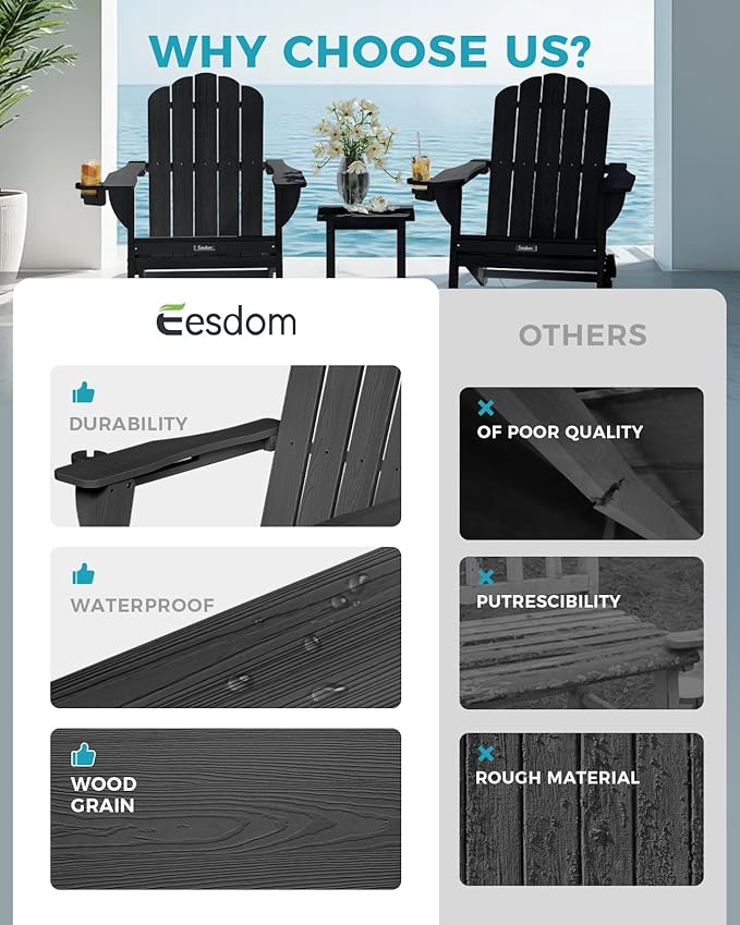 Folding Adirondack Chair, HDPE Adirondack Chair with 2 Cup Holders, Easy Assembly Outdoor Fire Pit Chairs for Patio, Garden, Poolside, Black