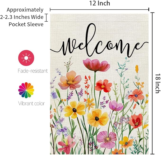CROWNED BEAUTY Spring Garden Flag Wildflowers Floral Double Sided 12x18 Inches Small Burlap Welcome Holiday Seasonal Yard Decoration for Outside Porch CF1761-12