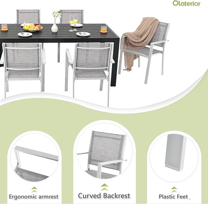 Patio Dining Chairs, All-Weather Textilene Outdoor Dining Chair Set of 4, Heavy-Duty Stackable Minimalist Outdoor Chairs with Armrest, Patio Chairs for Lawn Deck Pool, Grey and White