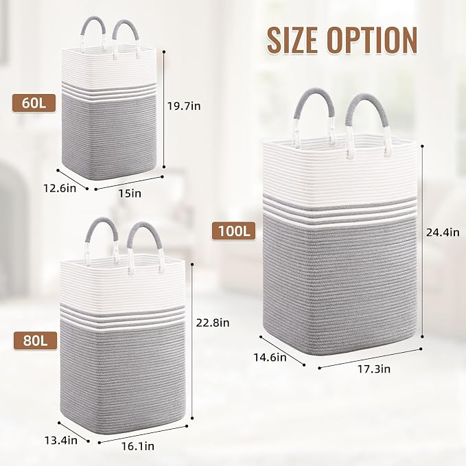Laundry Basket Hamper,Blanket Storage,Dirty Clothes Hamper with Swivel Handles,Woven Cotton Rope Toy Baskets,Blanket Basket Living Room,Decorative Hampers for Nursery,Bedroom,White & Gray,100L