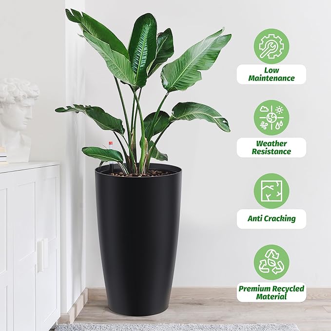 22" Tall Round Planter Set of 2, Self Watering Pots, Large Planter for Indoor Outdoor Plants, Built-in Drainage and a Water Level Monitor, for Patio, Porch, Living Room, or Home Office, Black