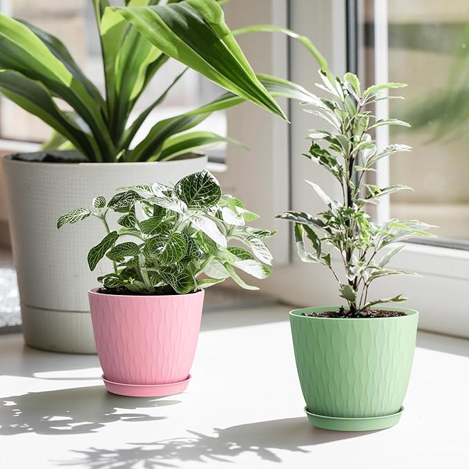 WSMKSZ 6 inch Flower Pots, 5 Pack Plant Pots with Drainage Holes and Saucers for Indoor Plants, Plastic Planters with Water Ripple for Small Garden House Plants, Nursery Pots for Succulent, Colorful