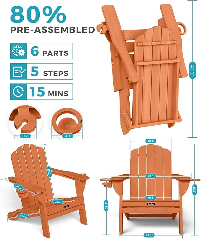Adirondack Chairs Set of 2, HDPE Material Fire Pit Chairs, Plastic Adirondack Chairs with 2 Cup Holder, Outdoor Lawn Chair for Patio Garden, Orange