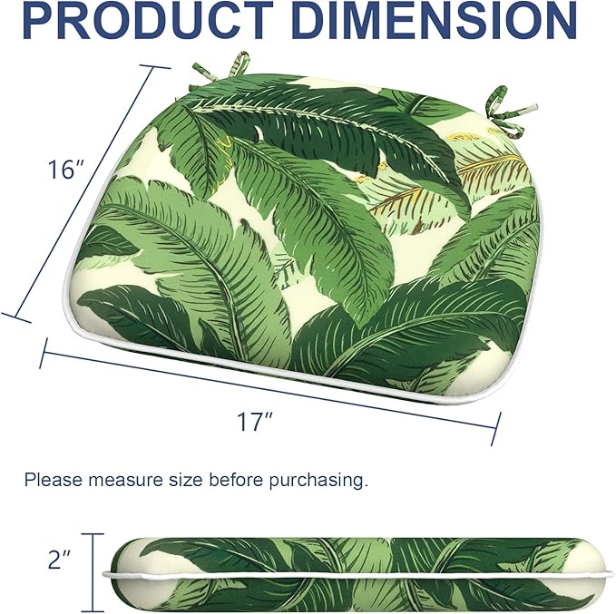 Outdoor Chair Cushions Set of 4, Water Resistant Patio Chair Pads with Ties, Seat Cushions for Home Garden Furniture Decoration, 16"x17", Swaying Palms Green