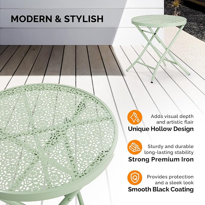 VINGLI Outdoor Folding Side Table with Chic Hollow Pattern and Durable, Rust-Resistant Coated Iron Patio Bistro Table Suitable for Indoor & Outdoor Porch, Deck, Balcony and Pool,Green