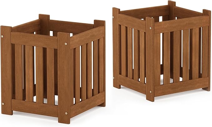Furinno TIOMAN Planter Box Set of 2, Hardwood Flower Box, Cube Garden Box, in Teak Oil, Outdoor Indoor, Garden, Patio, Balcony, Light Wood