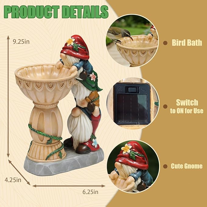 Sheaifun Garden Gnomes Outdoor Gnomes Garden Decorations for Yard Colorful Lights Resin Solar Outdoor Statues with Bird Bath Feeder Outside Lawn Patio Housewarming Gifts 6.25 * 4.25 * 9.25 Inch