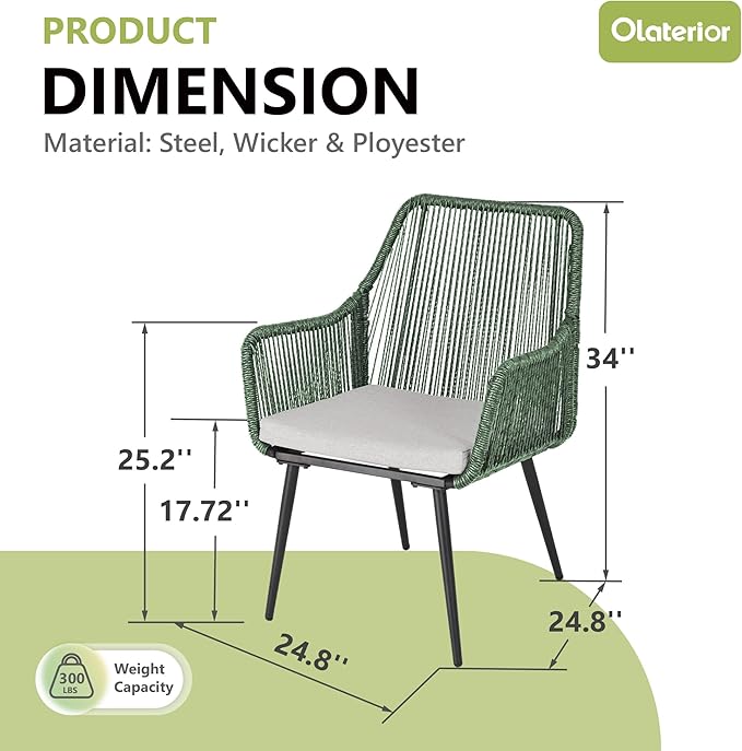 Patio Dining Chairs Outdoor Dining Chairs Set of 4, Woven Twisted Wicker Rattan Chair with Armrest and Cushion, Modern Indoor Outdoor Seating for Garden, Lawn, Backyard, Green
