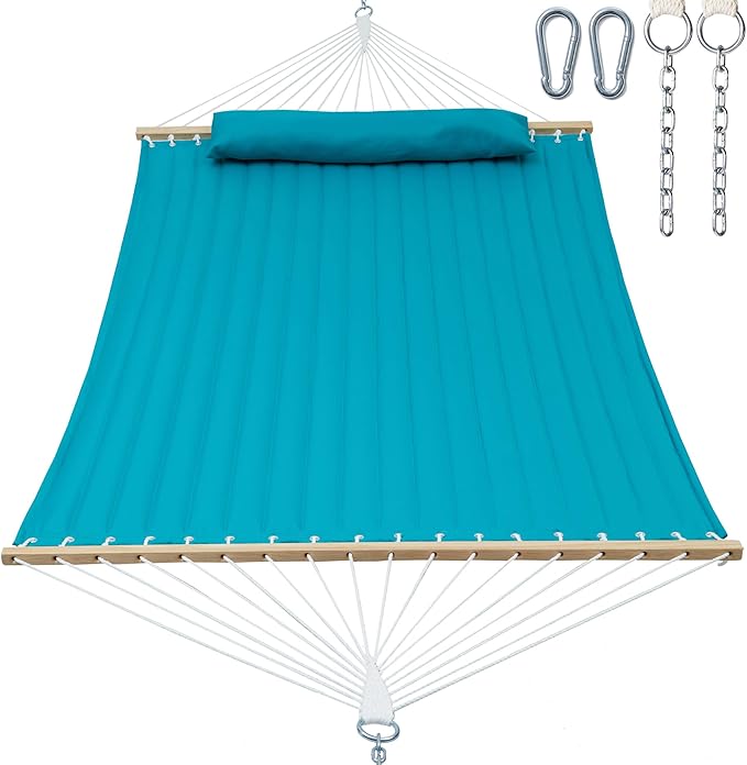 GAFETE Hammock 2 Person Quilted Fabric Hammocks for Outside, Double 12ft Hammocks with Spreader Bar, Large Removable Pillow, Storage Bag, Carabiners, Max 475 lbs Capacity (Canyon Creek Aqua)