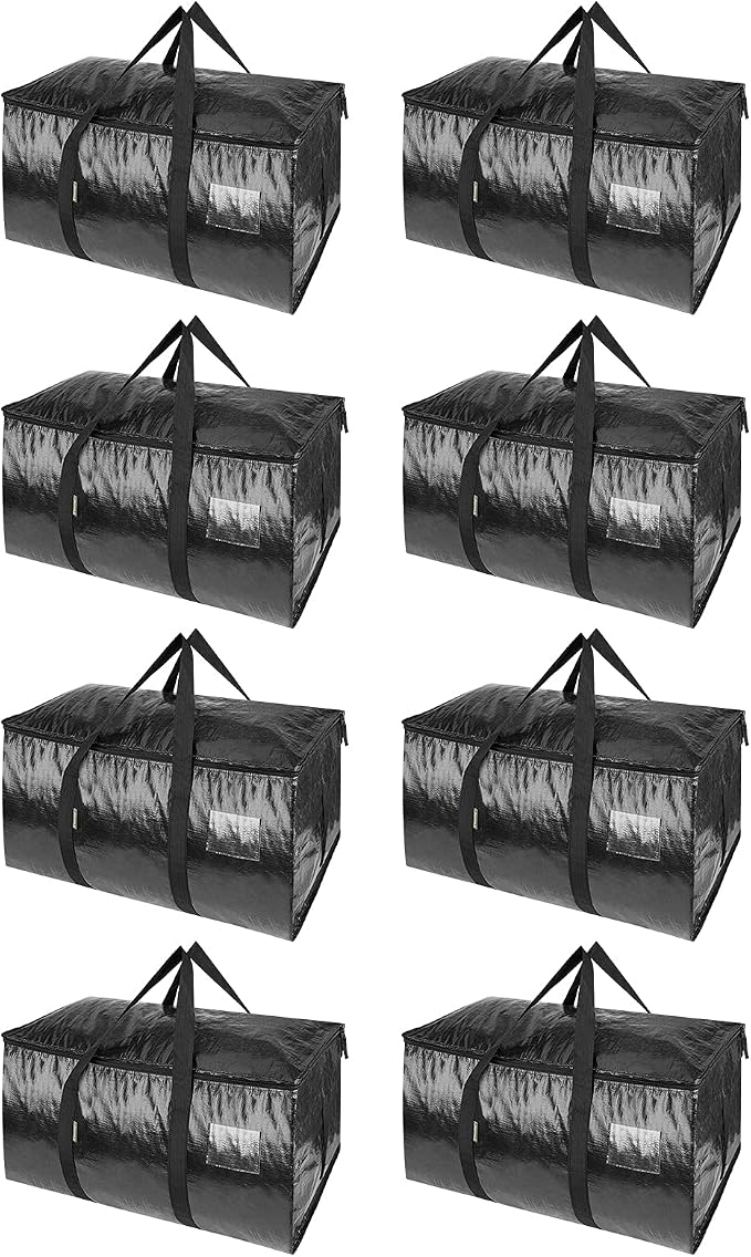 BALEINE 8-Pack Oversized Moving Bags with Reinforced Handles, Heavy-Duty Storage Tote for Clothes, Moving Supplies (Black, 8-Pack)