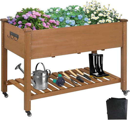 ketive Raised Garden Bed with Legs & Wheels –, Outdoor Elevated Planter Box with Storage Shelf & Hooks for Vegetables, Flowers, and Herbs for Outdoor Gardening, Patio, Balcony,48"x 24"x 33"(Brown)