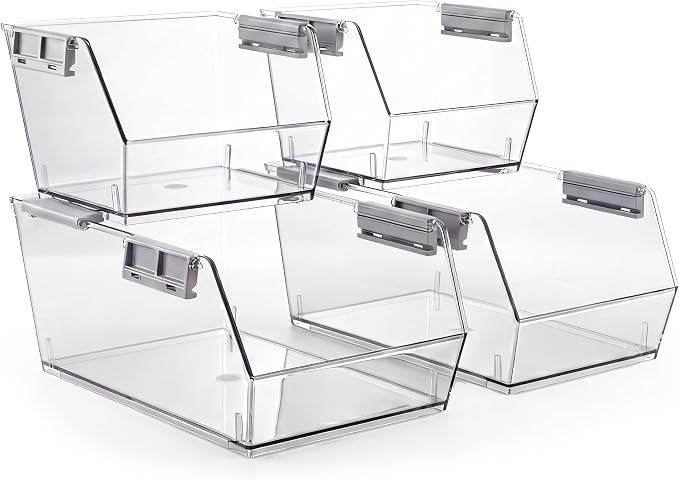 HOMESTEAD Set of 4 Stackable Storage Bins, 2 Large + 2 Small Clear Plastic Organizer Bins, Open Front Design for Kitchen Pantry, Fridge, Cabinet, Bathroom Organization and Snack Storage