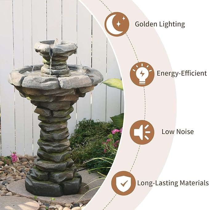 Sunlinua 29.7H Stone-Like Outdoor Water Fountain with LED Lights Italian Resin Garden Fountain for Patio Yard Weather-Resistant Cascading Waterfall Feature with Quiet Pump Elegant Backyard Décor