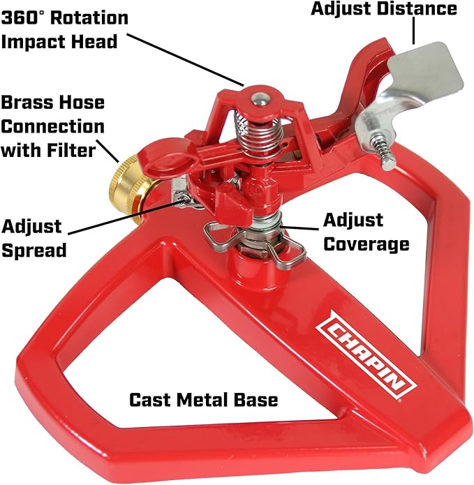 Chapin 4980: Platform Impact Sprinkler, 360 Degree Automatic With Base for Gardens and Lawns, Up to 85ft Coverage Area, Yards and Garden Watering, Red