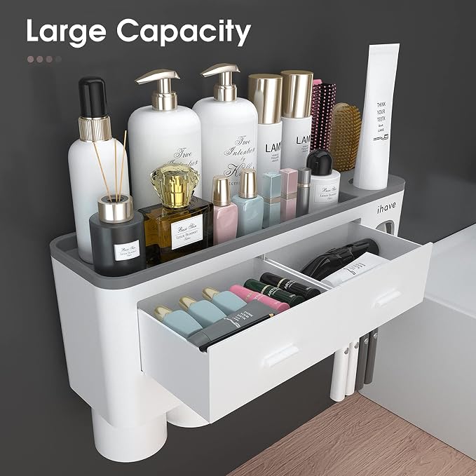 iHave Toothbrush Holders Wall Mounted with Toothpaste Dispenser & 4 Cups