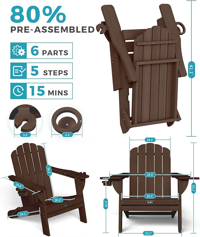Adirondack Chairs Set of 2, HDPE Material Fire Pit Chairs, Plastic Adirondack Chairs with 2 Cup Holder, Outdoor Lawn Chair for Patio Garden, Brown