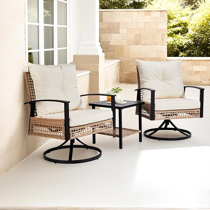 VINGLI 3 Pieces Outdoor Swivel Rocker Patio Chairs, Wicker Patio Bistro Set with 2 Rocking Chairs and 1 Coffee Table, Patio Furniture Set with Thickened Cushions for Porch Backyard Poolside