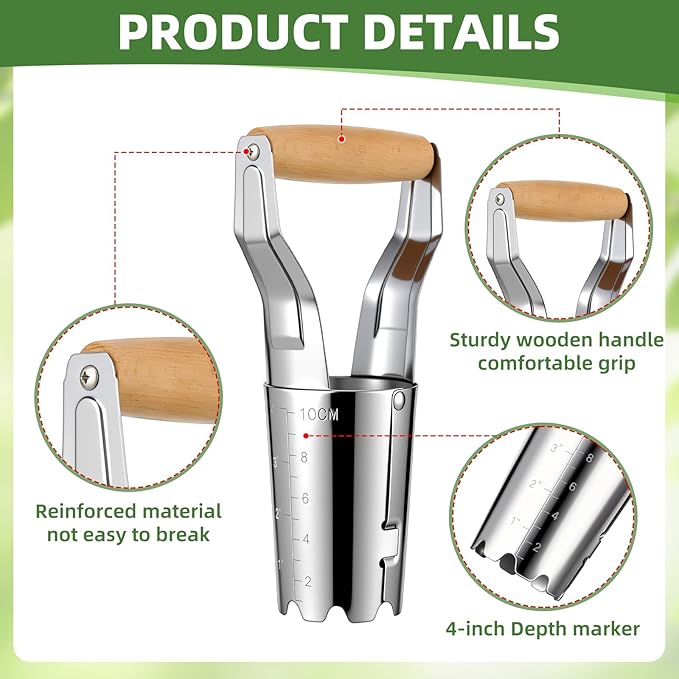 Lothee 3 Pcs Bulb Planter Tool Set with Depth Markers Non Bending Steel Bulb Planter Digger Garden Transplanter with Comfortable Wood Handle for Planting Tulips Dahlias and Lilies