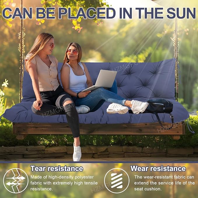 Premium 5" Thick Waterproof Outdoor Swing Cushions Sturdy Durable 2 Seat Replacement Porch Swing Cushions with Backrest&Ties Bench Cushion for Outdoor Furniture Backyard Patio (Navy Blue)