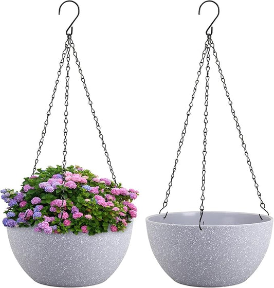 Meowell 8 inch Small Hanging Planters for Indoor Outdoor Plants, 2 Pack Hanging Flower Pots with Drainage Holes and Chain for Garden Porch, Plastic Hanging Baskets for House Plants, Speckled Grey
