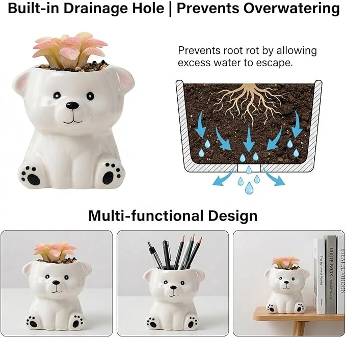 Cute Animal Ceramic Succulent Planters, Small Bonsai Planter, Aloe Cactus Succulent Plant Pots with Drainage Indoor Outdoor Use for Office Home Garden Decoration, Plants Not Included (Sea Bear)