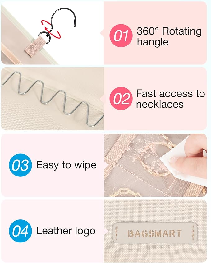 BAGSMART Hanging Jewelry Organizer Necklace/Earring/Ring 2-Sided L Beige | Case Storage Bag for Necklace, Earrings, Rings