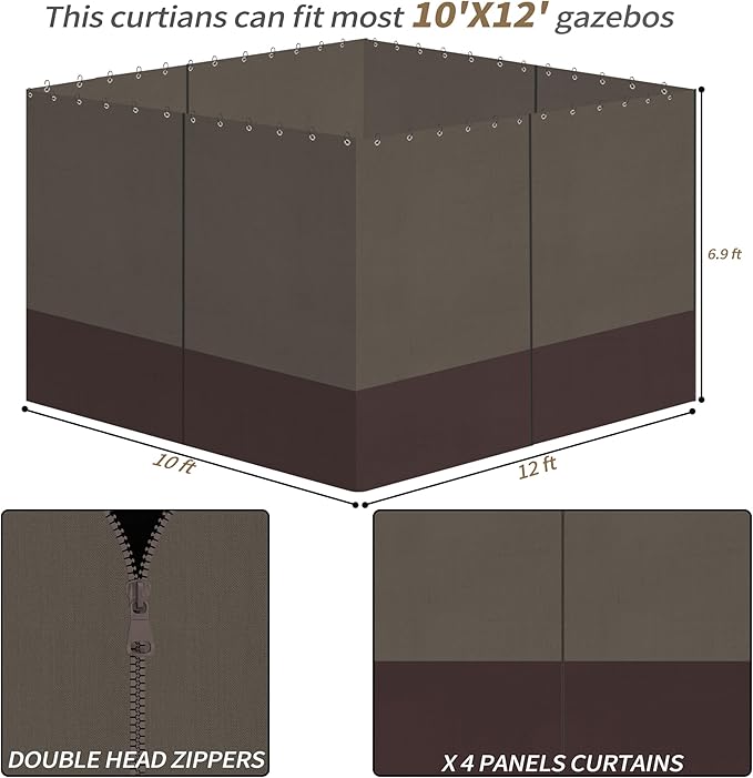 Gazebo Privacy Curtains 10' x 12' with Zipper 4-Panels Side Wall Universal Replacement for Patio, Outdoor Canopy, Garden and Backyard Khaki and Brown (Curtain Only)