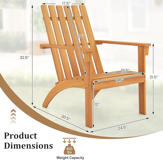 Tangkula Outdoor Adirondack Chair, Solid Acacia Wood Fire Pit Chair with Inclined Backrest, Curved Seat & Wide Armrests, Wooden Lawn Chair for Porch, Patio, Garden, Backyard, Deck (2, Natural)