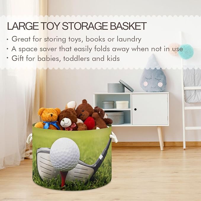 Golf Print Round Storage Basket Collapsible with Handle