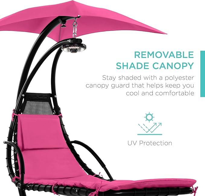 Best Choice Products Hanging LED-Lit Curved Chaise Lounge Chair Swing for Backyard, Patio, Lawn w/ 3 Light Settings, Weather-Resistant Pillow, Removable Canopy Shade, Steel Stand - Pink