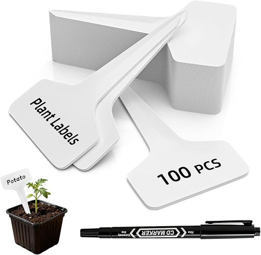Kmosenia 100 Pcs 4" Plant Labels with Marker Pen, Waterproof T-Type Garden Tags for Seeds, Flowers, Vegetable Seedlings, Plastic Nursery Markers for Outdoor & Indoor Gardening Organization