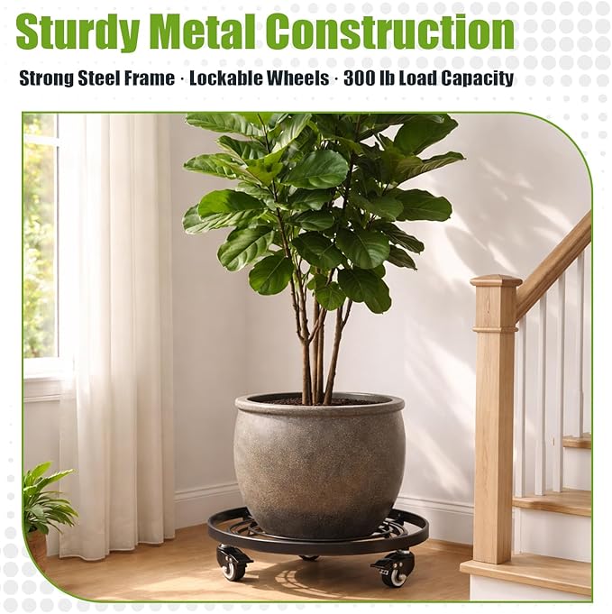 Planterhoma 2 Packs Extra-large 16 Inch Metal Plant Caddy Plant Dolly with Wheels Heavy-Duty Wrought Iron Rolling Plant Stand with Casters for Indoor and Outdoor Plant Pot Rollers Black