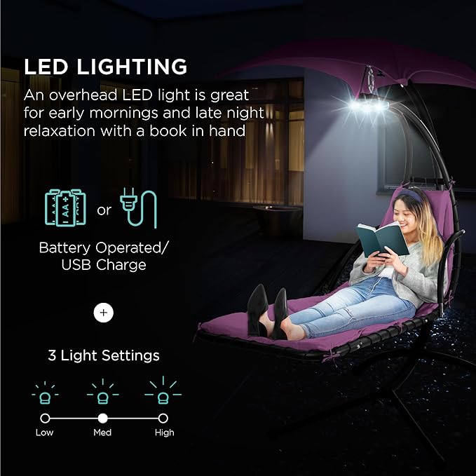 Best Choice Products Hanging LED-Lit Curved Chaise Lounge Chair Swing for Backyard, Patio, Lawn w/ 3 Light Settings, Weather-Resistant Pillow, Removable Canopy Shade, Steel Stand - Purple