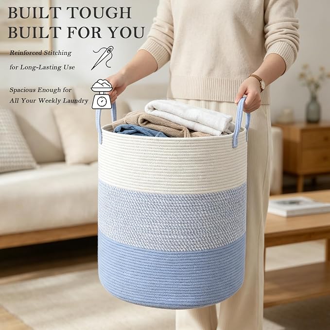 55L Woven Laundry Basket, Large Clothes Hamper with Handles- Blue
