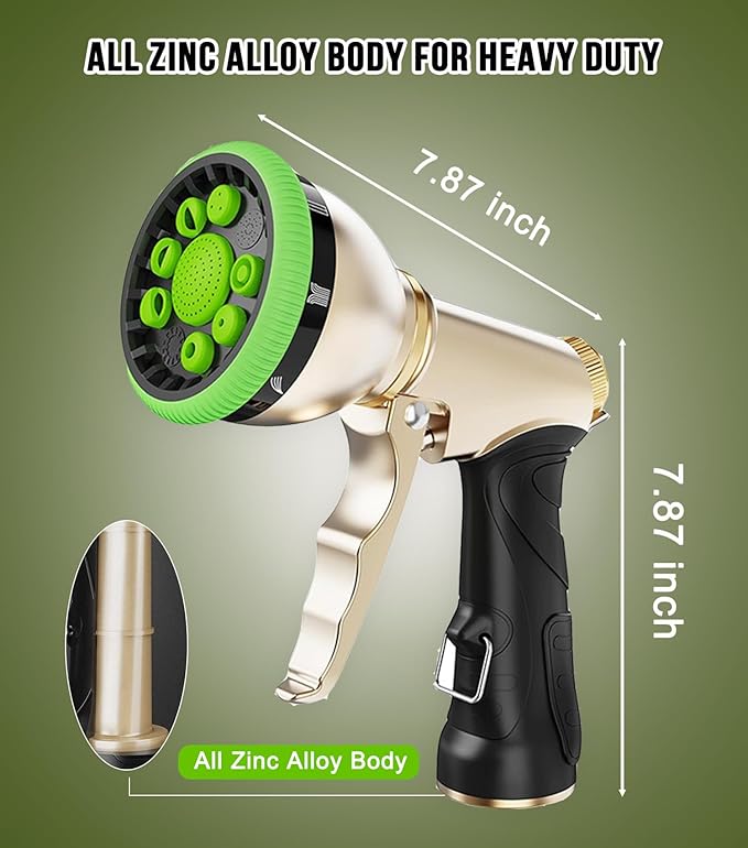 Garden Hose Nozzle Heavy Duty, 100% Metal Water Hose Sprayer Nozzle for Washing Car, Watering Plants, Washing Pets, and Home Use with 9 Adjustable Spray Patterns