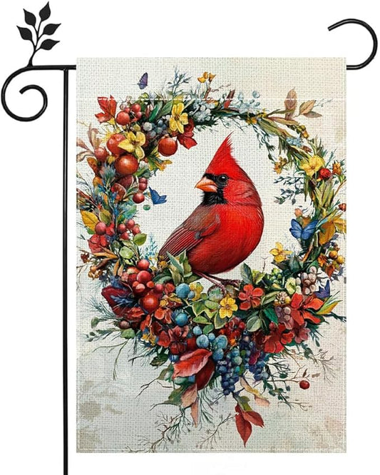 Spring Summer Cardinal Bird Garden Flag 12x18 Inch Double Sided, Welcome Yard Decor, Farmhouse Outdoor Flag for Lawn Patio Porch