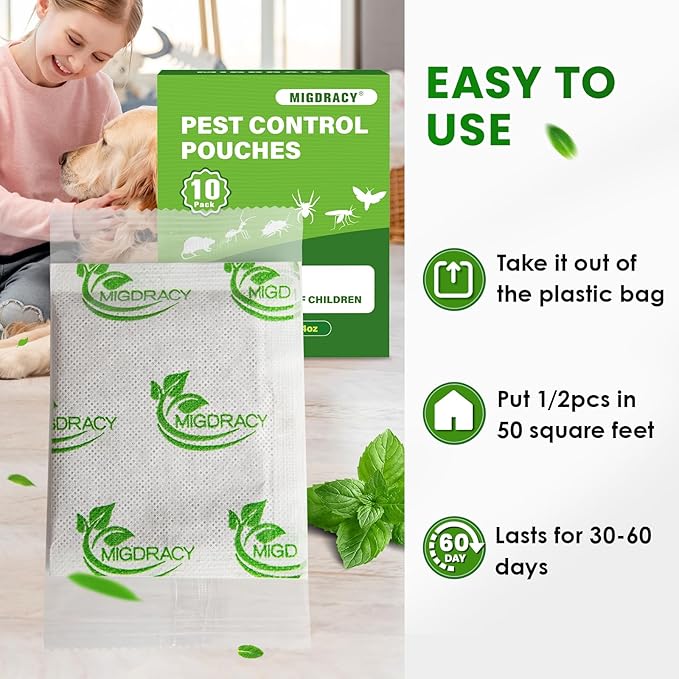 Pest Control Pouches, Insect and Mice Repellent Pouches, 10Pcs Peppermint Oil to Rat, Ant, Roach, Spider, Mosquito & Moth, Indoor Use