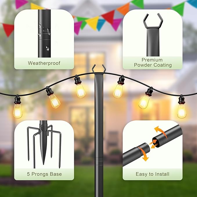 Jusgym String Light Poles for Outside 2 Pack, 10Ft Metal Poles Stand for Hanging Outdoor Light Strings, Adjustable Light Poles with Fork, for Patio, Deck, Backyard, Garden, Party