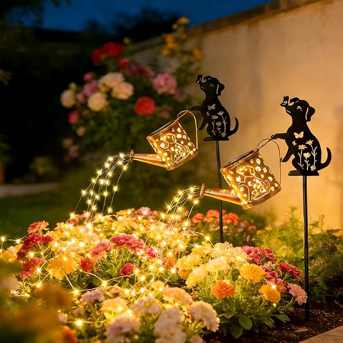Outdoor Solar Dog Garden Decorative, 2 Pcs Solar Watering Can with Light, Featuring Metal Dog Statue Silhouette Stake, Day Gift for Women, for Outside Landscapes,Lawn, Garden Path Decoration