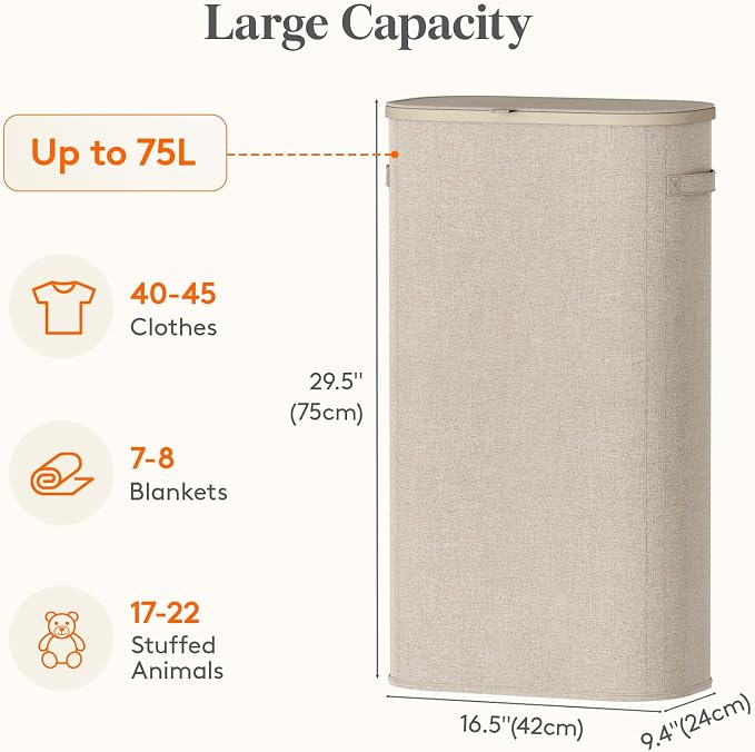 Lifewit Slim Laundry Basket with Lid and Removable Bag, 75L, Beige | Collapsible Narrow Laundry Hamper, Skinny Washing Basket with Plastic Frame, Dirty Clothes Organiser for Laundry, RV, Dorm